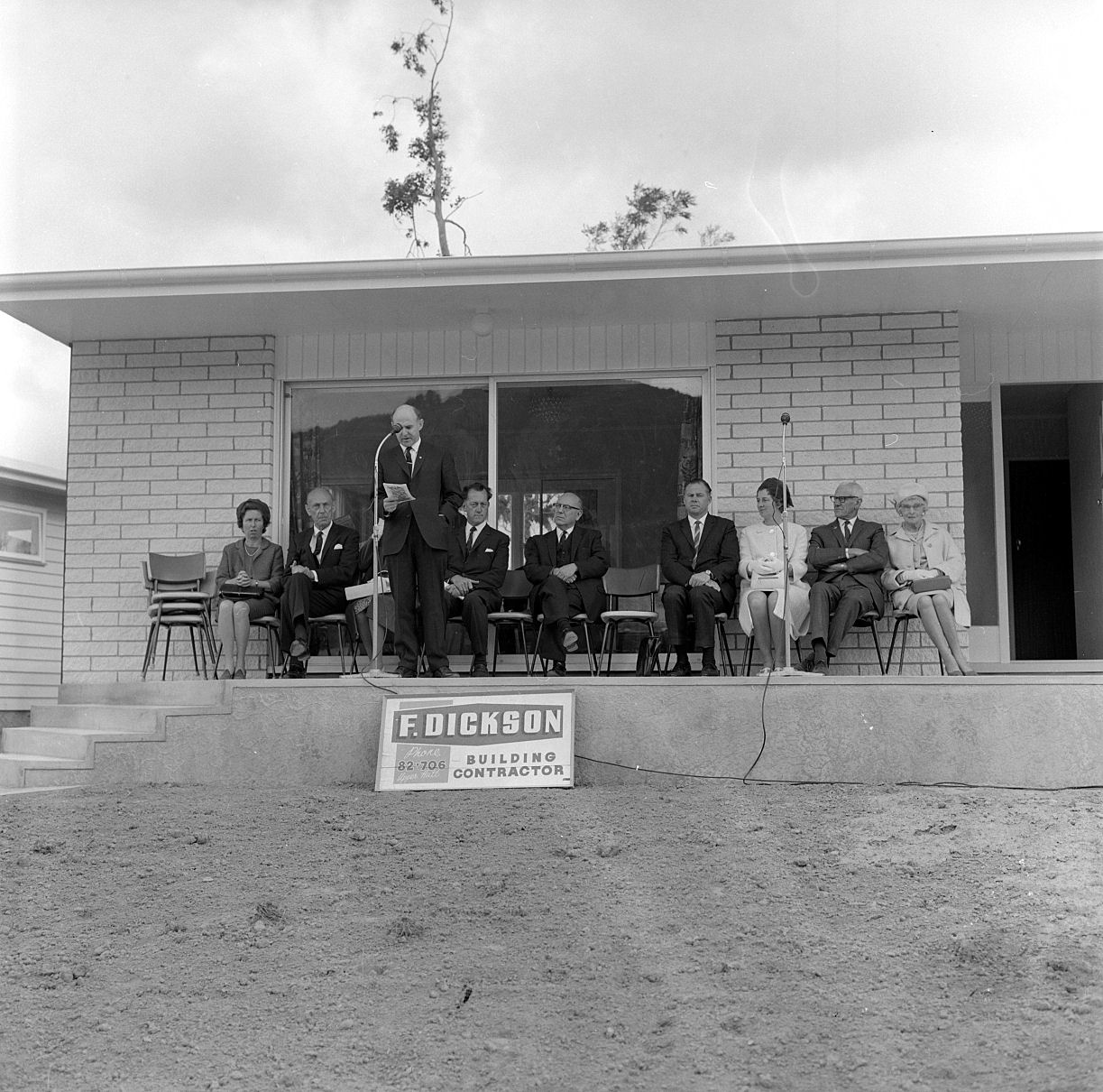Totara Park opening ceremony; Hon J Rae, Minister of Housing; Ron Bailey, M P, fourth from right.