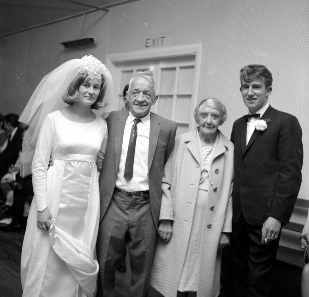 Wedding; William Baillie, Patricia "Patsy" Vare  9; bride, groom, Vare grandparents(?) 