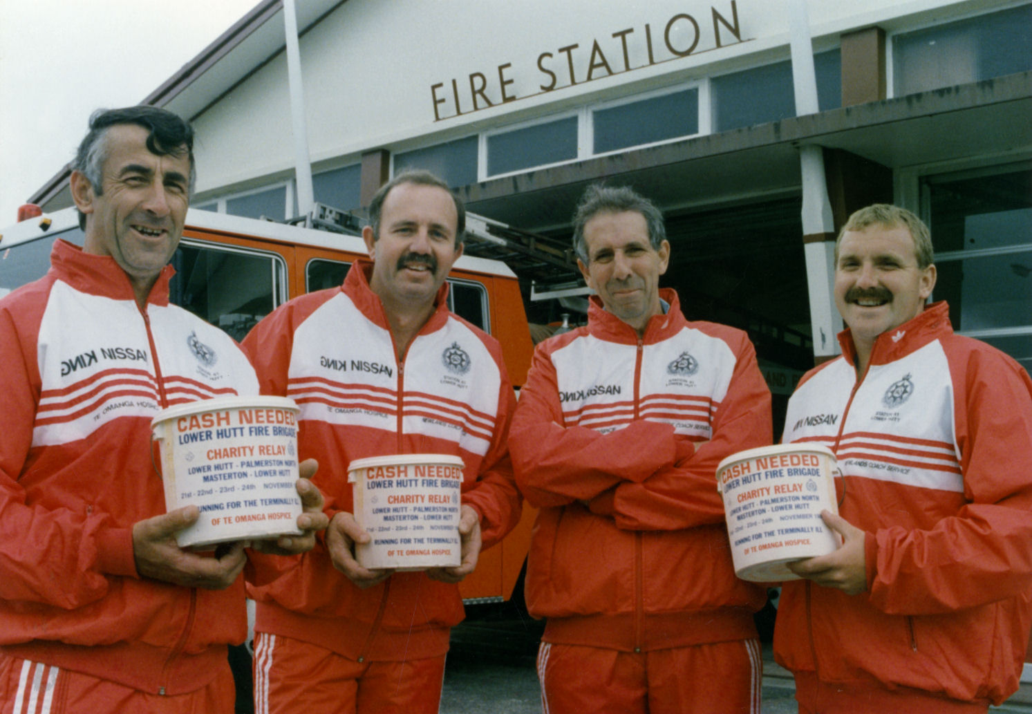 Fire Service; Te Omanga Hospice charity relay team members Ian Clark, Les Groves, Brian Piper, Phil Rush.