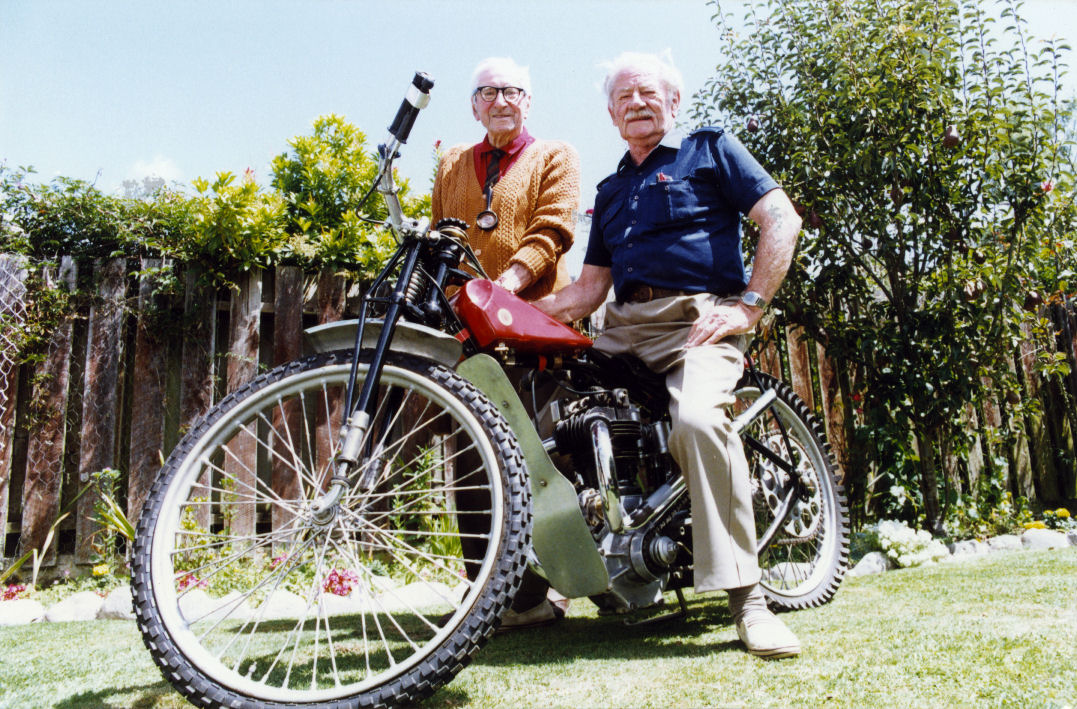 Arthur Bates, a speedway rider during the late thirties, with 1930 499 cc "Dirt Track Rudge" and Laurie Kilmister, 93.