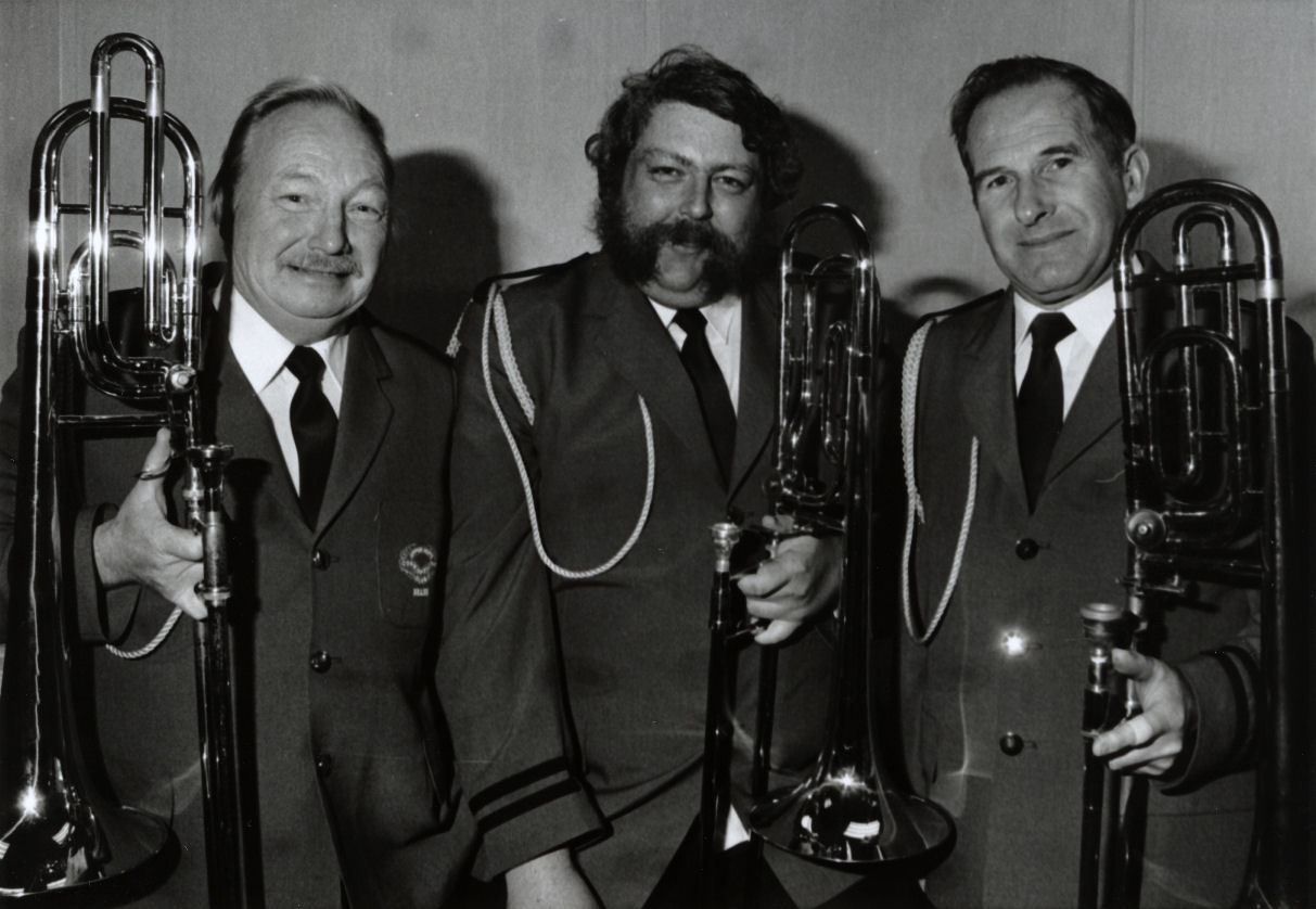 Upper Hutt Cosmopolitan Brass trombone trio; Dave Sales, Ian Robson, Bill Orr.