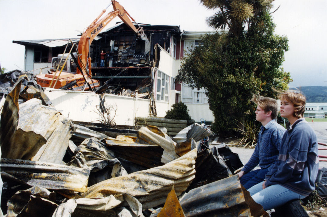 Heretaunga College; Guy Fawkes night fire ruins; Loren Gilchrist, Sam Vilain.
