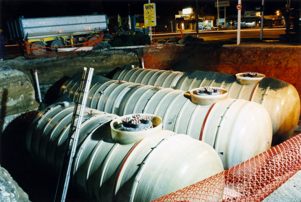 Kerr Wynne service station, corner of Main Street and Fergusson Drive; double-skinned fibreglass fuel tanks.
