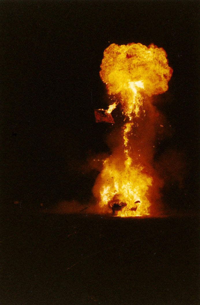 Te Marua speedway;  "auto coffin" demonstration of a car being blown up with the stuntman driver inside.