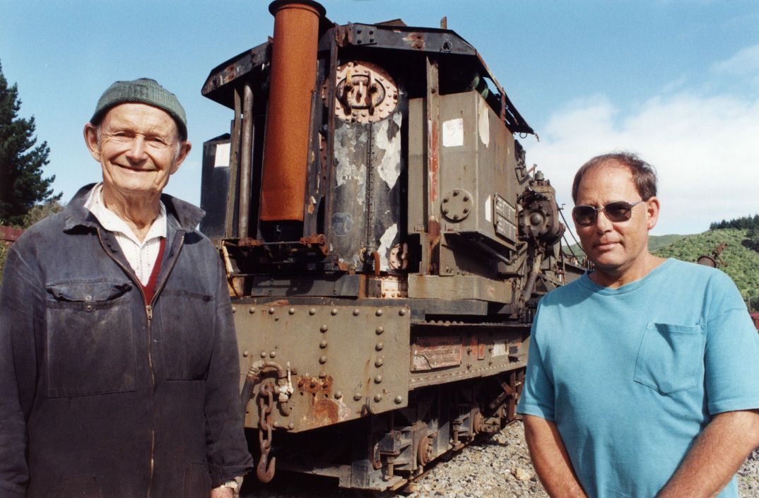 Silver Stream Railway; newly-arrived steam crane. Society member Syd  Bisdee, President Brian Pearce.