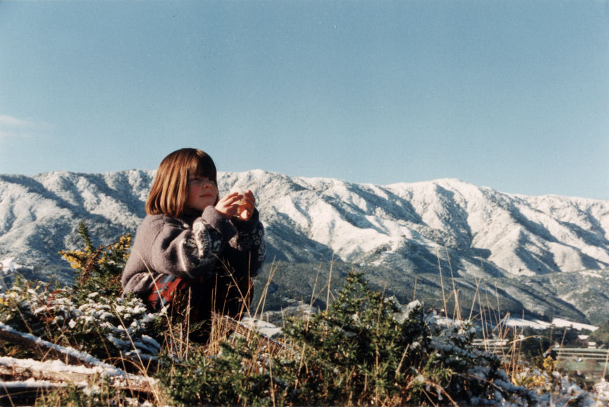 Maoribank School; Narketa Duncan in the snow at the top of Mangaroa Hill.