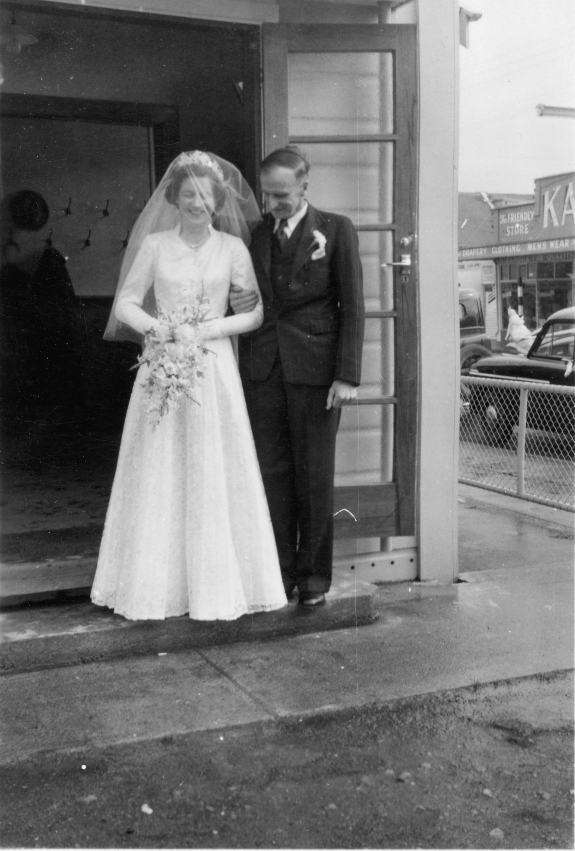 Wedding; Vin ('Snow') Benge, Kate Christina (Kit) Salisbury; bride and father.