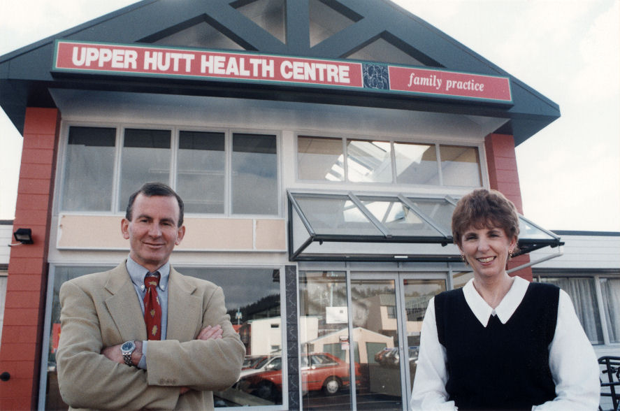 Upper Hutt Health Centre; new Queen Street entrance; Dr Peter Gillies and practice manager Carol Moran.