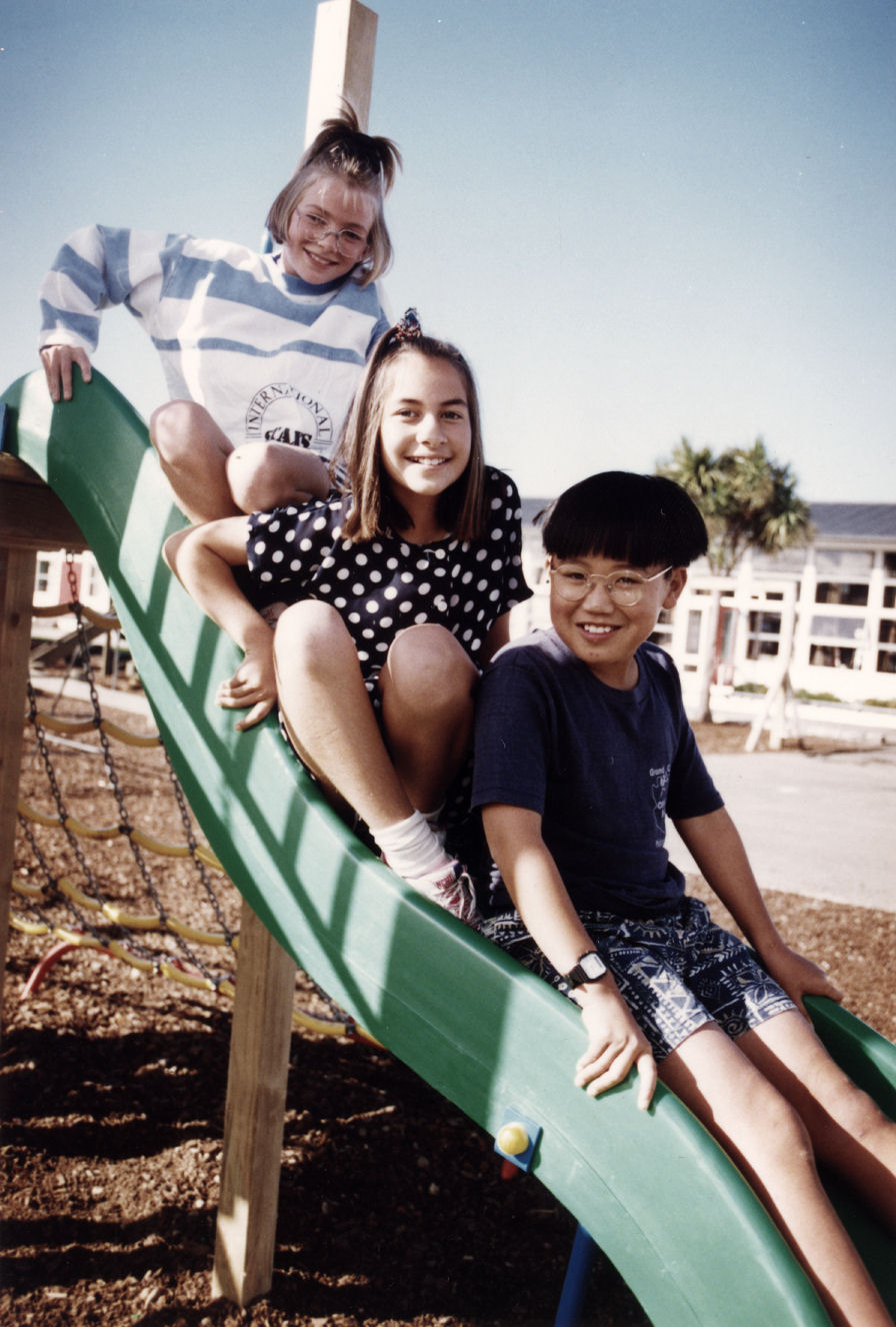 Fraser Crescent school; Erin Baylis, Rochelle Kaiwai and Andrew Ng in the new playground.