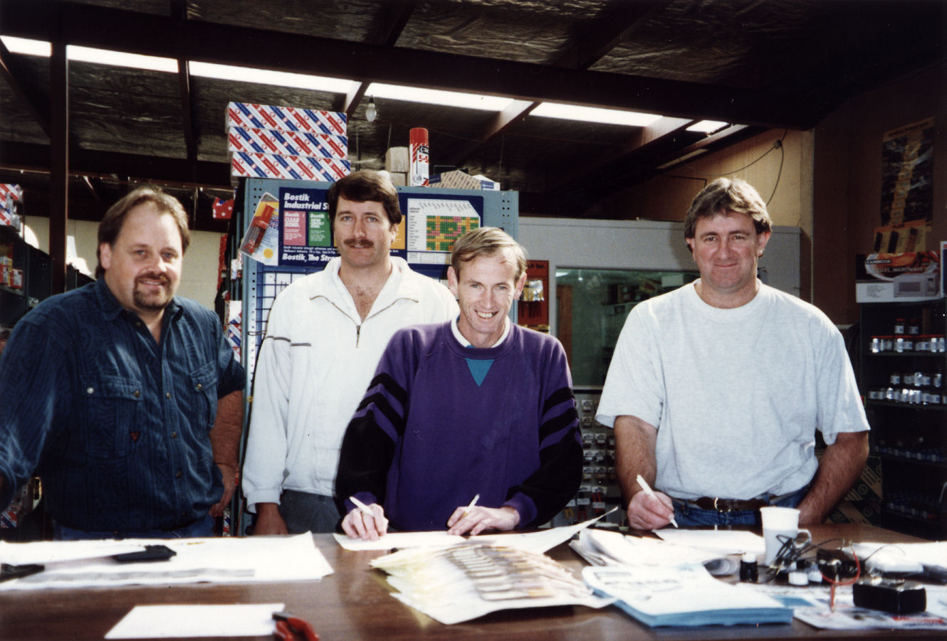 Advance Electrical Wholesalers, 54 Montgomery Crescent; Ross Remnant, Dave Cole, Alan Bull, Dave Russell.