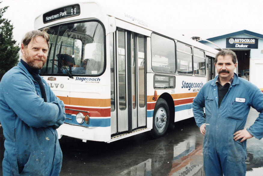 Raceway Panelbeaters, 34 Camp Street, Trentham; Dave and Jos with revamped Stagecoach trolley bus.