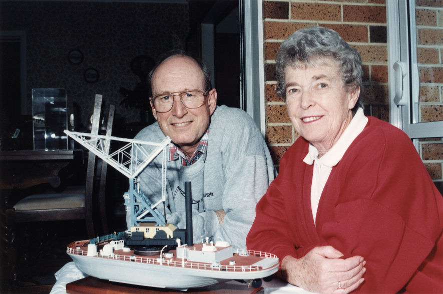 Bob and Mary Box with a model of the 'Hikitia' floating crane.