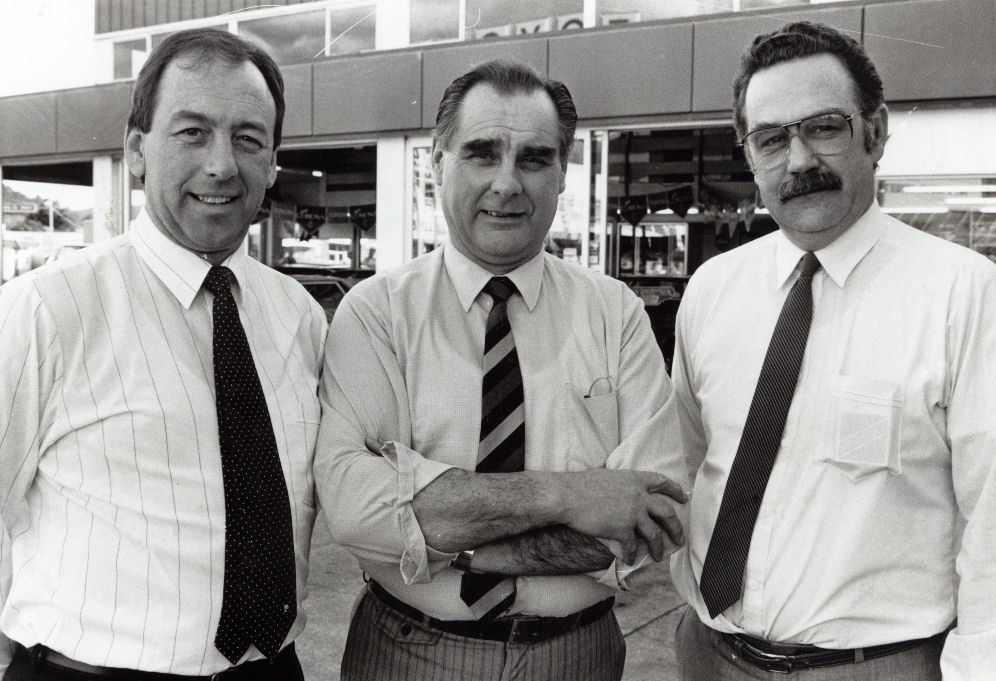 Toyota dealership; Rosscars Upper Hutt becomes Woodings Toyota; Peter Cummings, Bryan Ross, Mike Woodhead.