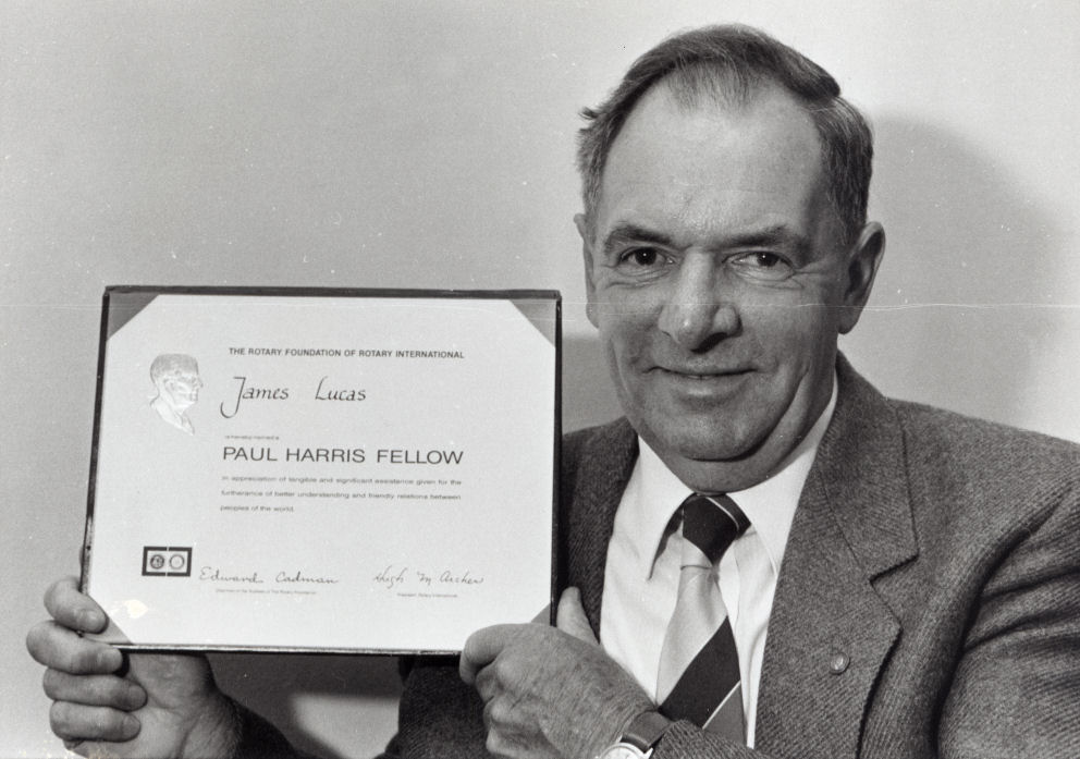 Rotary; James (Jim) Lucas awarded the Paul Harris  Fellowship, Rotary's highest honour.