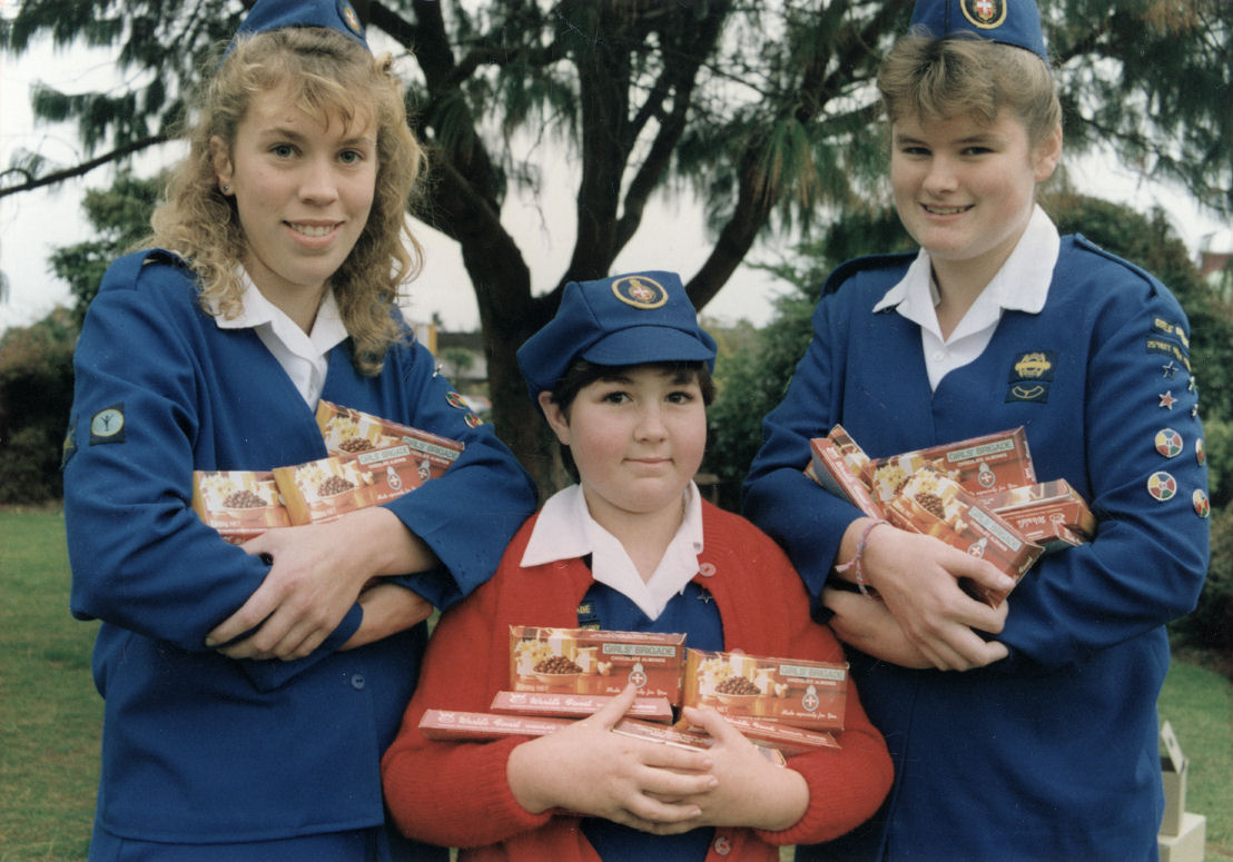 Girls' Brigade; Kathryn Follas, Kirsty Boniface, Julie Binner; selling chocolate almonds.