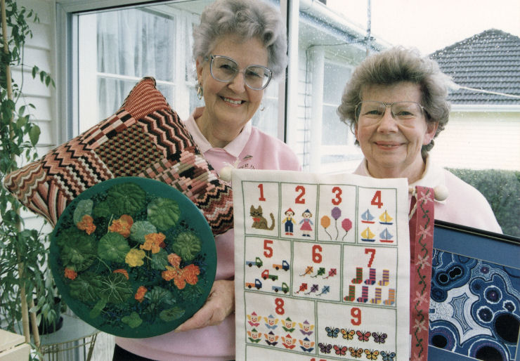 Embroiderers' Guild; Heather Brown, Beryl Goudswaard with items for exhibition on 150 years of embroidery.