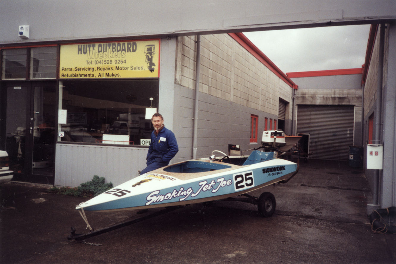 Hutt Outboard Wreckers, Montgomery Crescent; Ed Lee and 'Smoking Jet Joe'.
