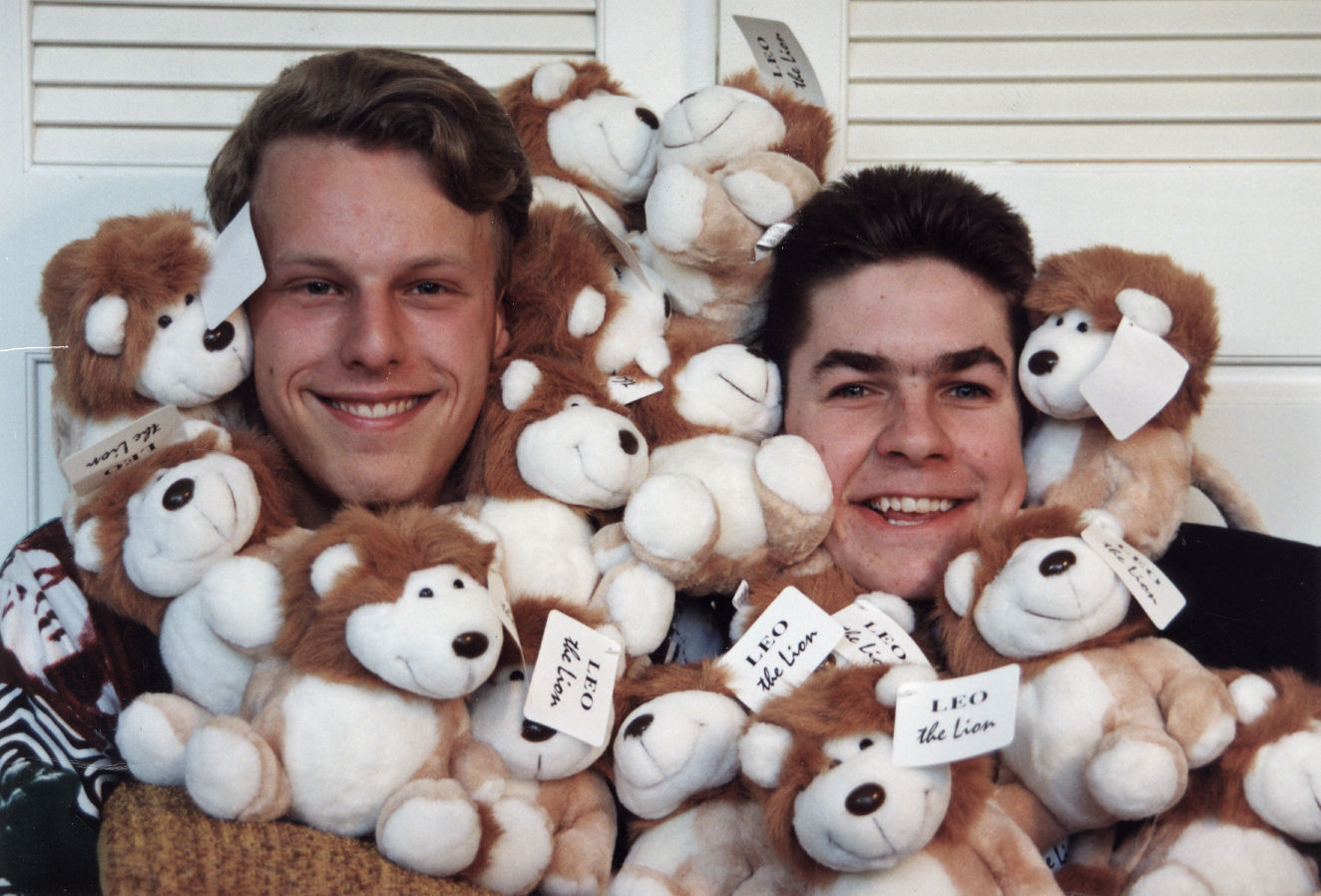Leo Clubs' Gareth Todd, Darren Jackson; cuddly lions for Victim Support Group. 