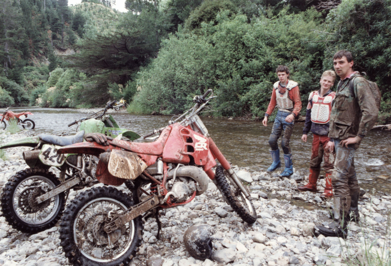 Trail bike riders Jason Armstrong, Peter Mills and Shane Groeneveld after 48km Karapoti ride.
