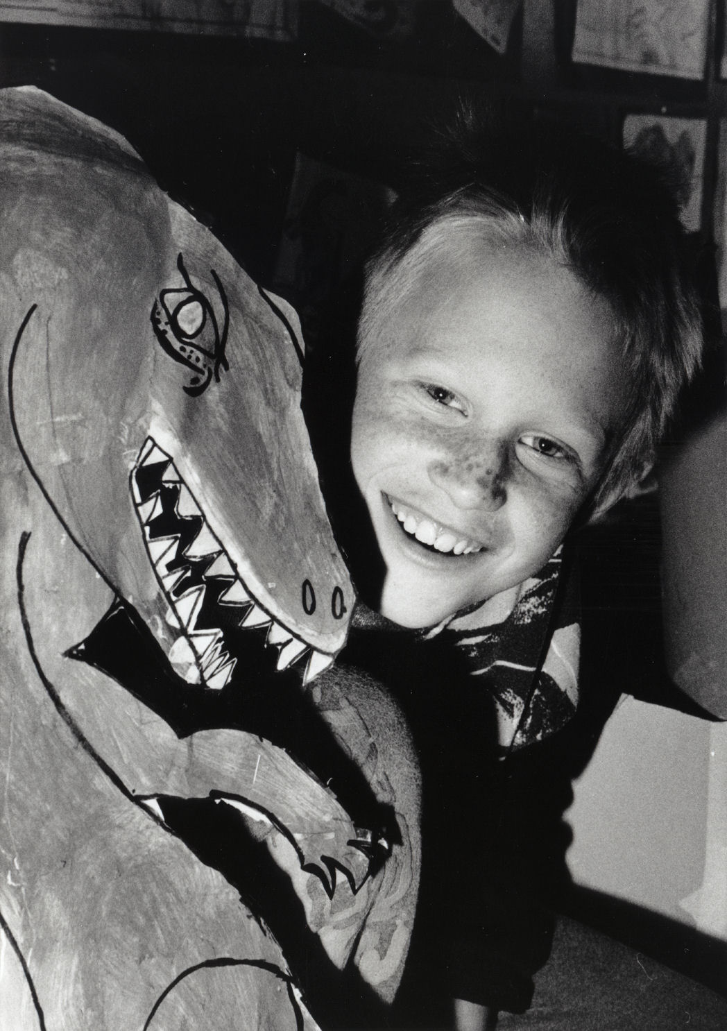 Brentwood School; cardboard Allosaurus with Damon Adamson.