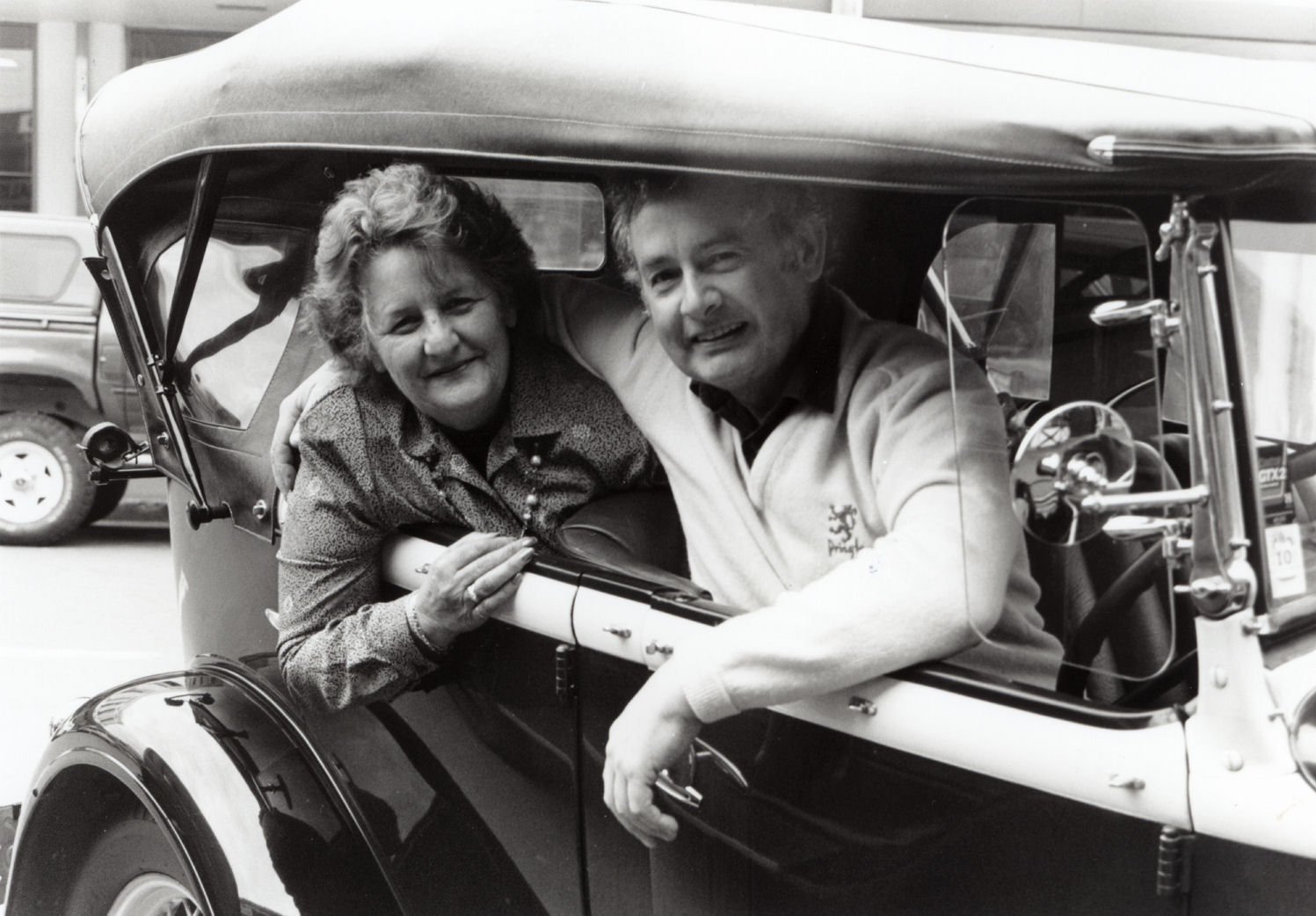 Model A shop, Princes Street; owner Geoff Sanderson, councillor Shirley Russell in Bill Oppatt's Model A Ford.