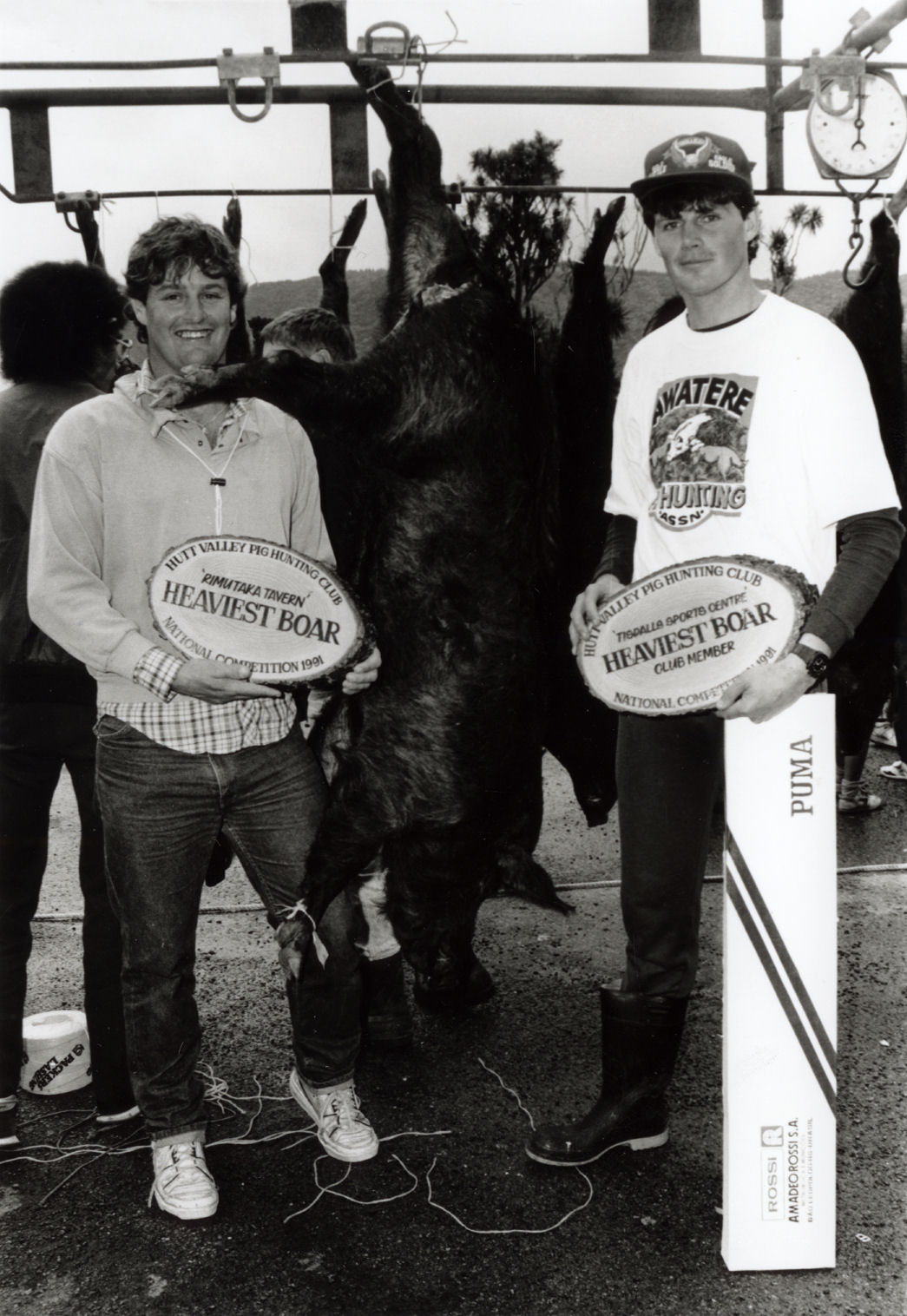 Pig hunting; Annual Labour Weekend pig-hunting competition, 1991; Robin Pearce, Nigel Muir.