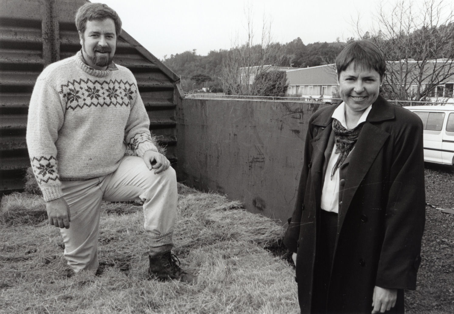 Nevin Grieve and Sue Reid with hay bales for South Island snow relief