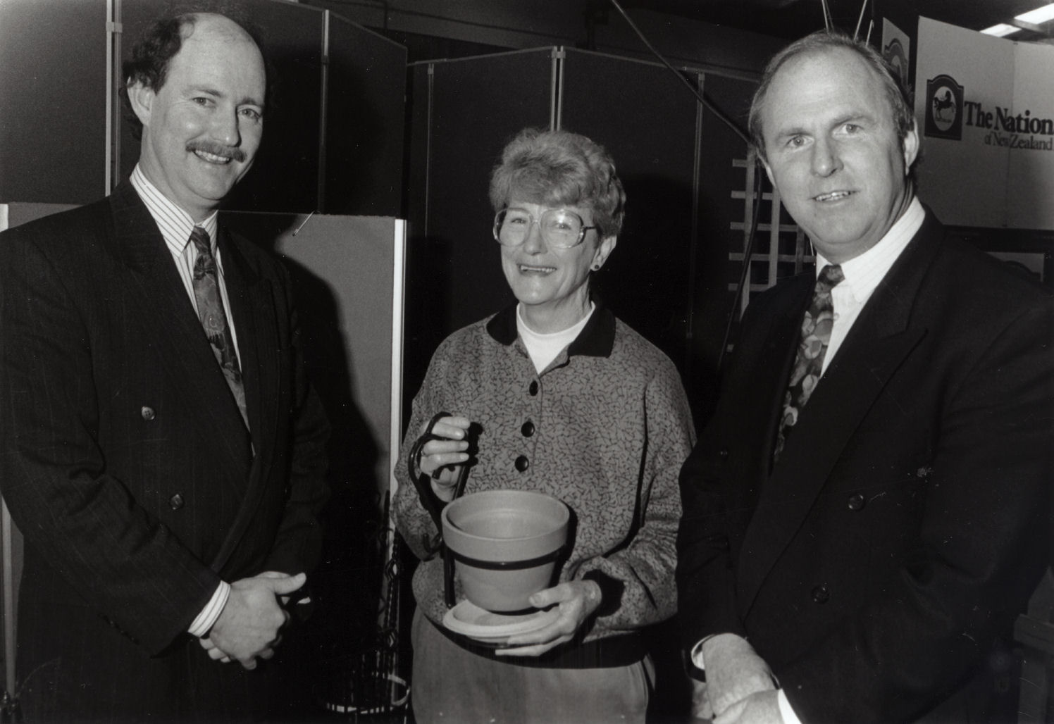 Scaife Wire Products; Jeanette Scaife at Upper Hutt's Expo, with  MP Peter McCardle, Revenue Minister Wyatt Creech.