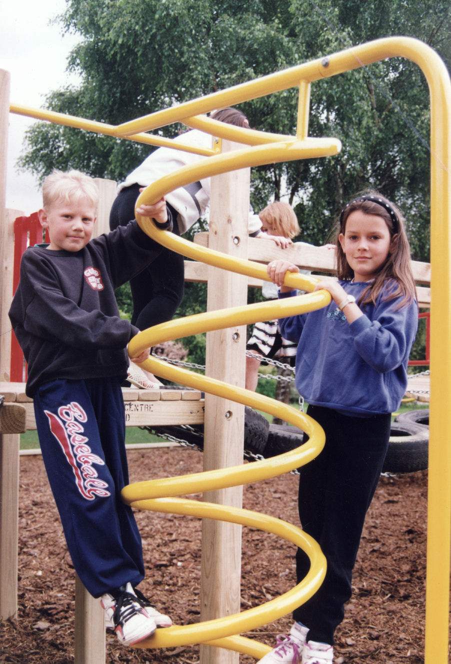 Brentwood School; adventure playground; Jordan Puryer, Tracey Mulligan and spiral ladder.