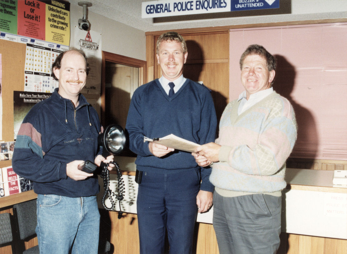 Police; Heretaunga MP Peter McCardle, Community Constable Kerry Fenton, Mayor Rex Kirton before night patrol.
