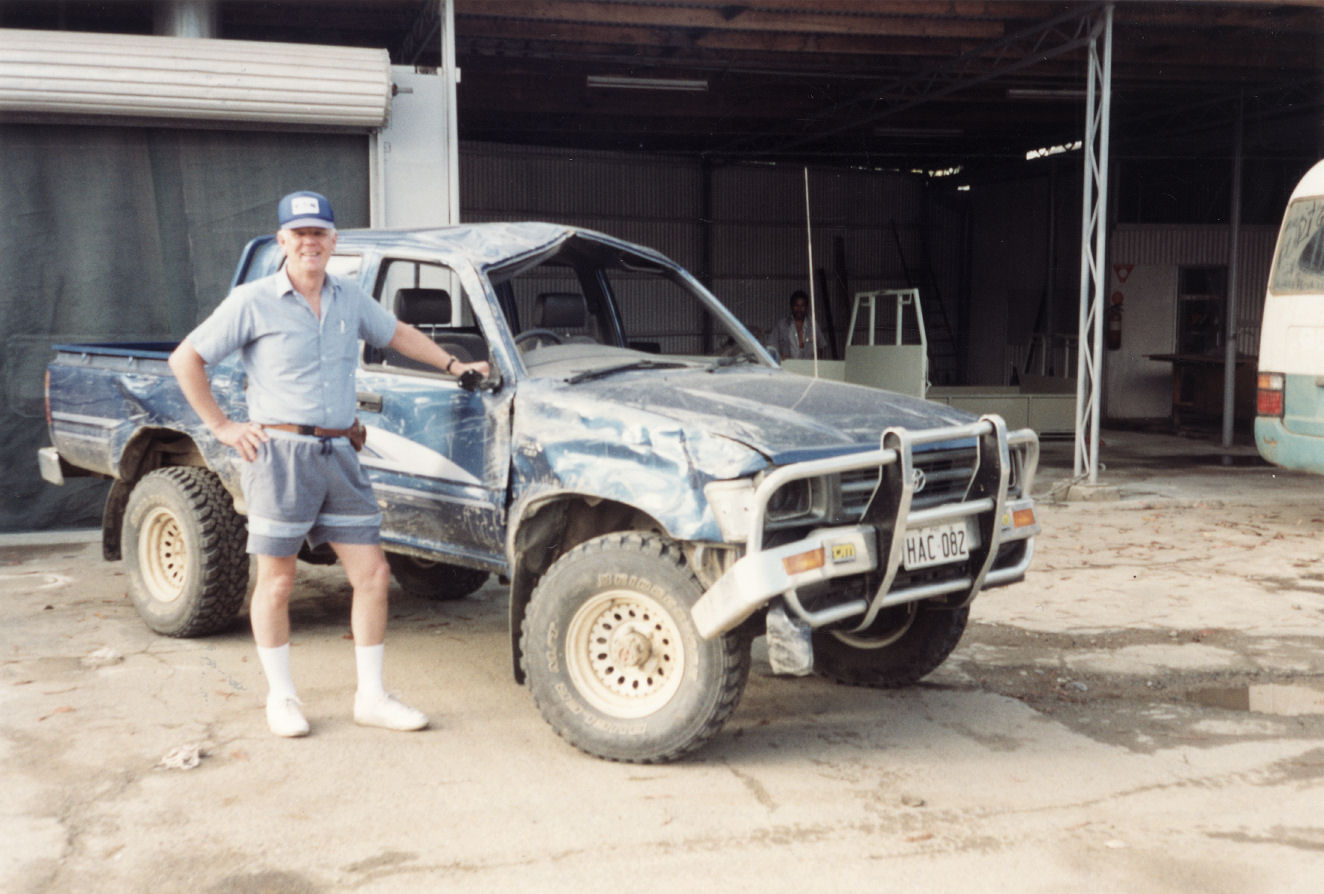 Bill Stratford in Papua New Guinea with four-wheel drive in which he was attacked.