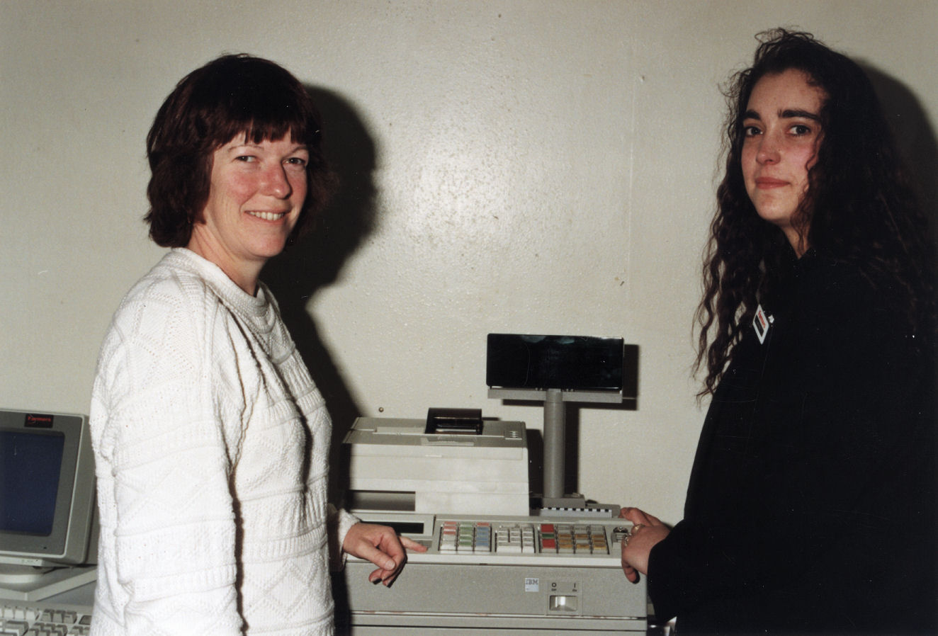 Farmers Trading Co Ltd moves to Maidstone Mall; Denise Gosper, Karina Gough with bar-code scanning cash register.