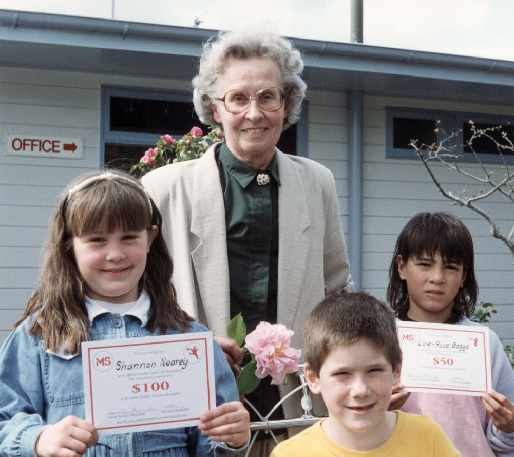 Maoribank School; Multiple Sclerosis Society appeal; committee member Mrs Hunt; Shannon Nearey, Ashley Allmand, Lee-Rose Boggs.