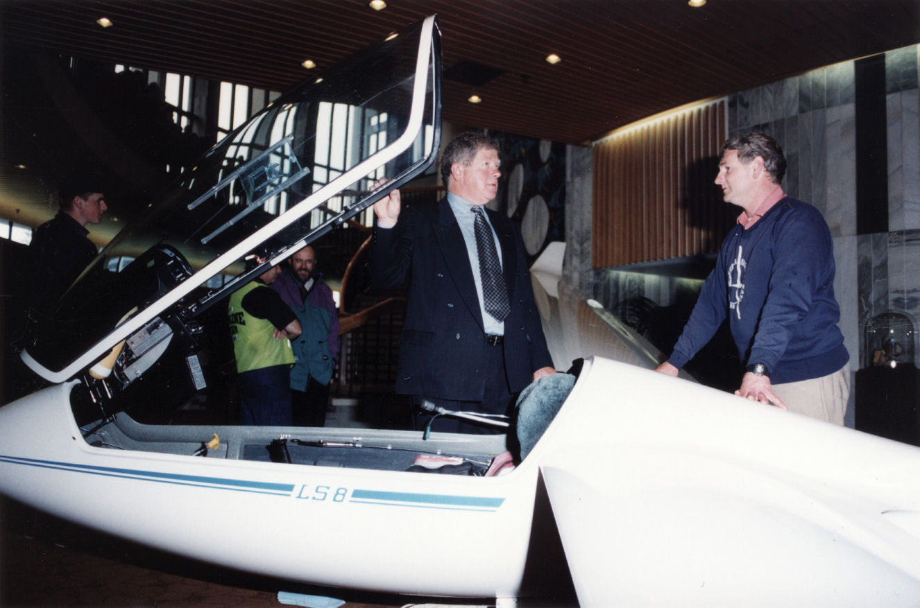 Gliding Club, Kaitoke; Mayor Rex Kirton and Tony van Dyk  in the hangar.
