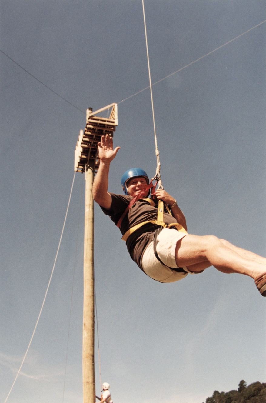 Lions; Te Marua Black Stump Pole Swing charity fund-raiser; Mayor Rex Kirton, after his jump.