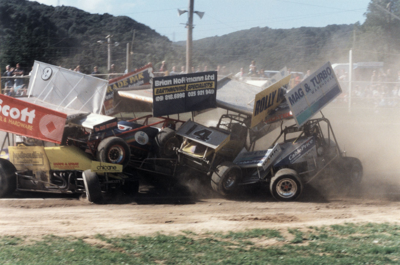 Te Marua speedway; five-sprint-car pile-up.