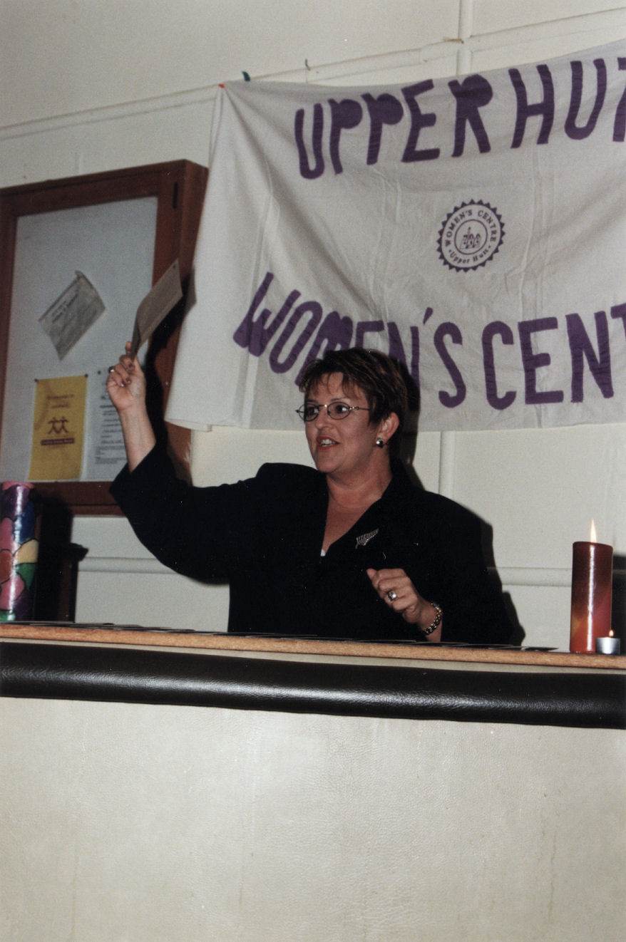 Upper Hutt Women's Centre fund-raising; Pinky Agnew imitating Prime Minister Jenny Shipley.