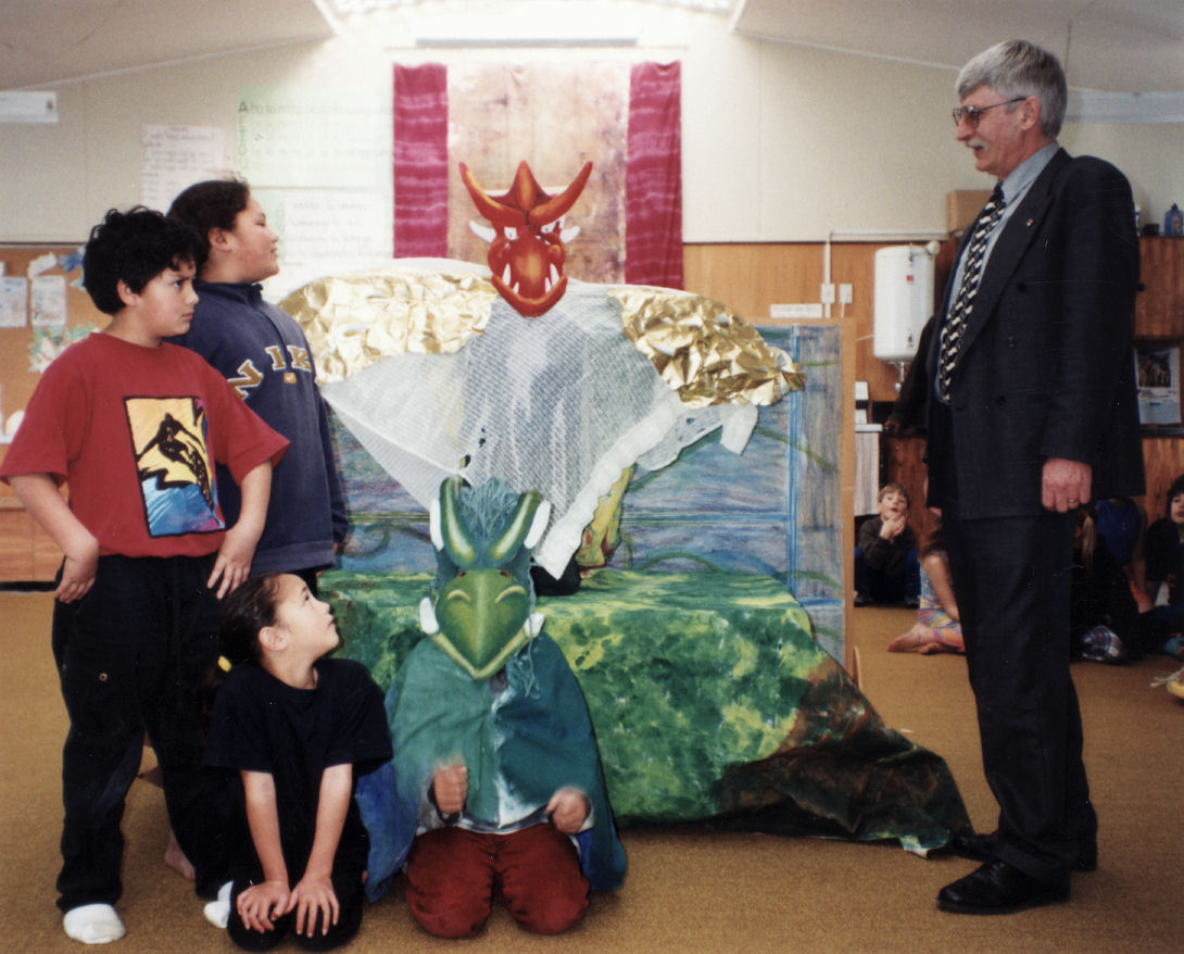 Maoribank School; NZEI National President, Darrell Ward watches a play about taniwha and Wellington Harbour.