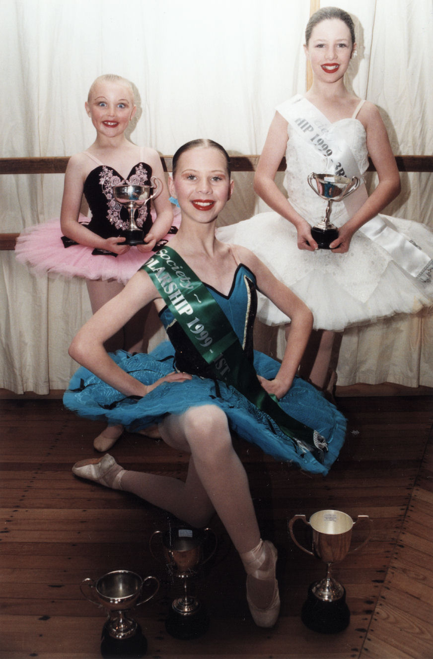 Variety Dance Centre; ballet dancers Danielle Donselaar, Rebecca Saxton, Georgina Cottle with trophies.