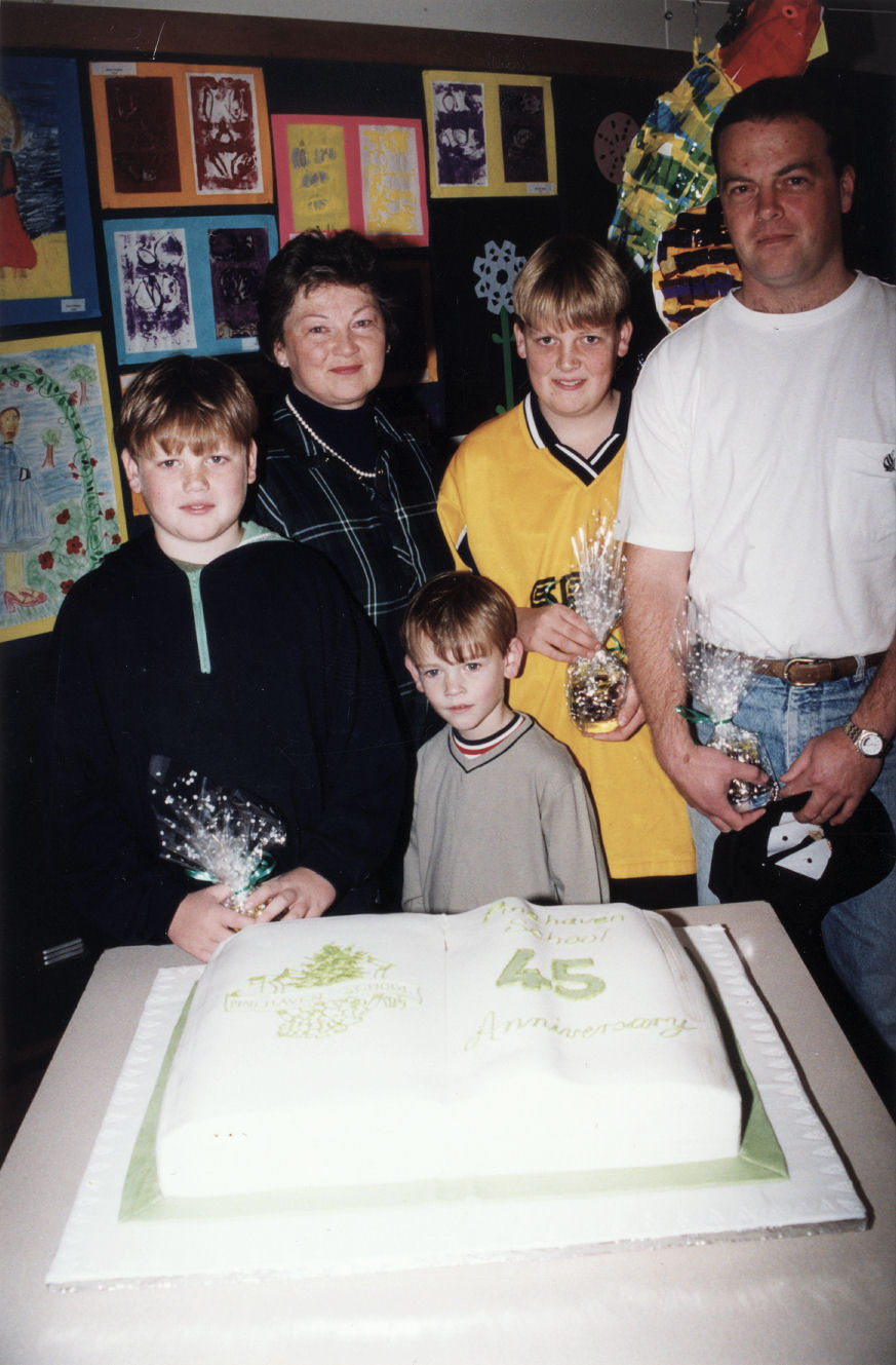 Pinehaven School; 45th anniversary; Smallbones; founding pupil Shirley, son Stuart, children Blair, Ethan, Ryan.