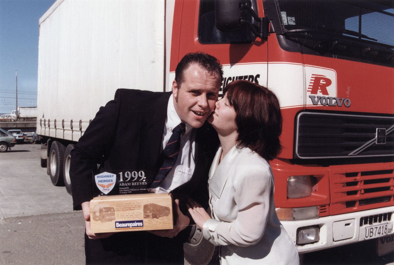 Adam Reeves and fiancee Julie Newman; Highway Heroes award for rendering assistance at truck accident.