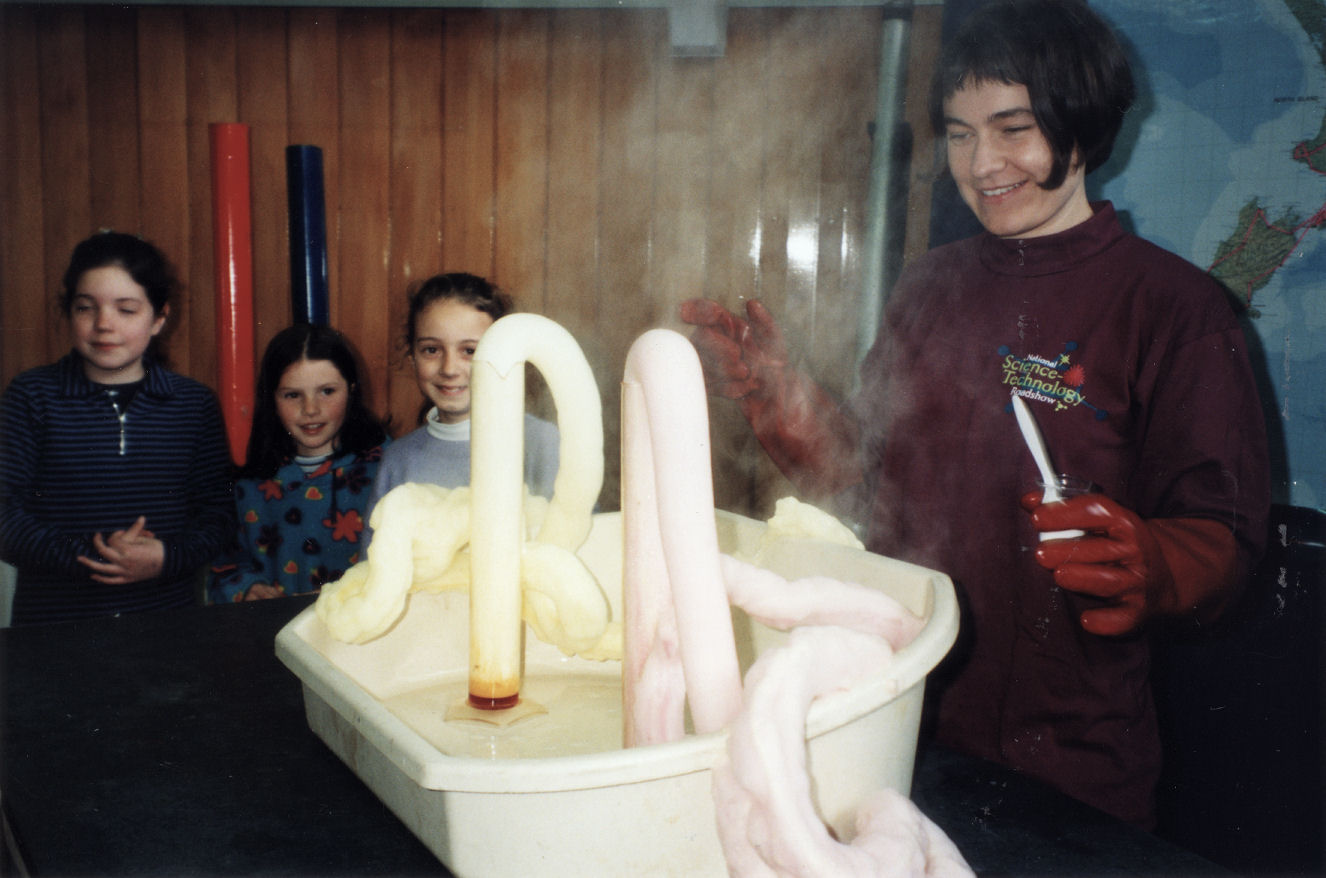 Silverstream School; science and technology roadshow; student teacher Melissa Day Smith making liquid 'snakes'.