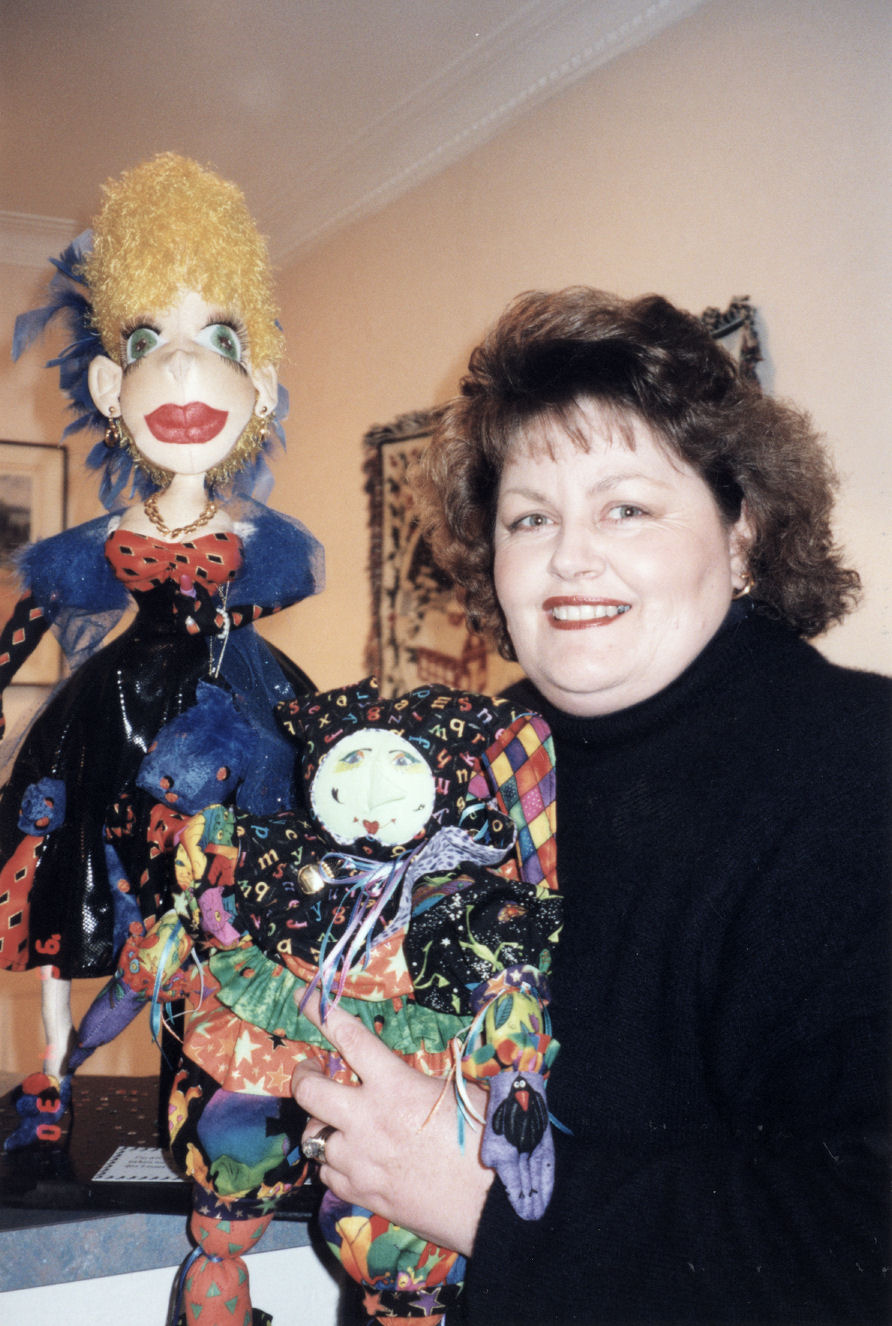 Dolls Club; Karen Chao with her Darlene, and Wendy Brownsey's Motley Fool clown.