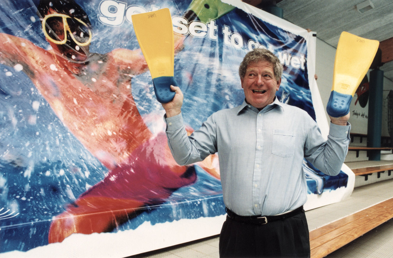Leisure centre; Mayor Rex Kirton with billboard announcing H2O Xtream name.