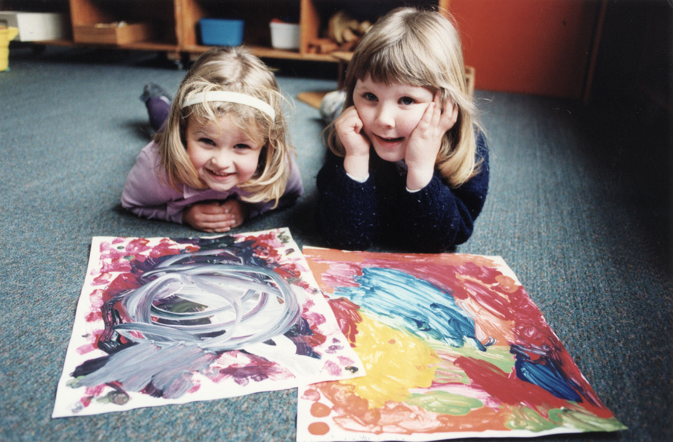 Irmgard Ritchie Kindergarten, 88a McLeod Street; Tyler Whitford, Rochelle Lewis, with paintings they have done.
