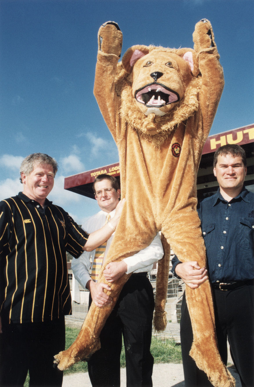 Rugby; National Provincial championship; Rex Kirton, Wayne Guppy, Dave Rennie with Wellington Lions mascot.