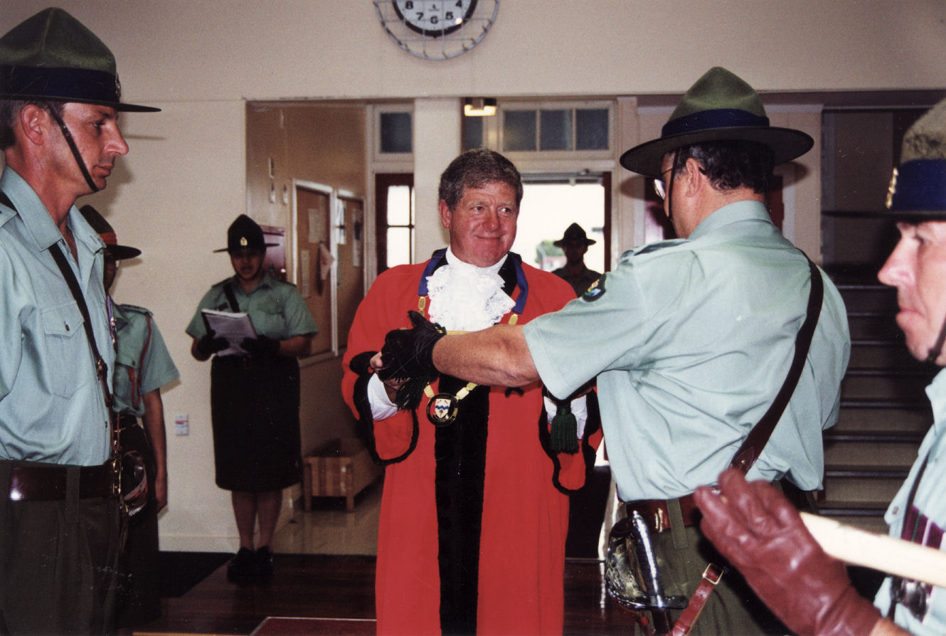 Trentham Camp; Mayor Rex Kirton transfers Charter and Freedom of the City to new commanding officer.