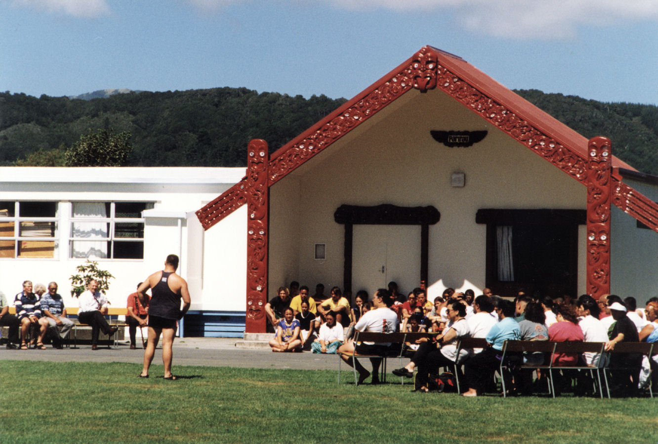 Upper Hutt College buildings 1998; marae welcomes Traditional Māori Performance Arts festival participants
