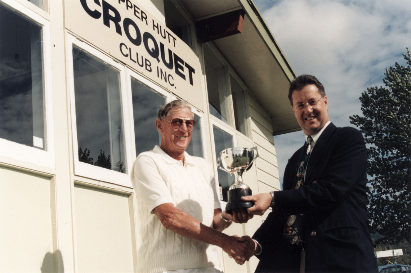 Croquet club, McLeod Park; Alan Hurst, first winner of the Hazelwood cup, presented by Michael Gibbs.