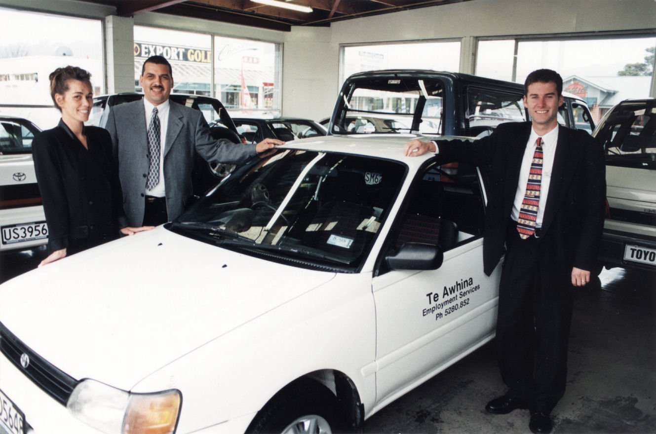 Te Awhina Employment Services; first vehicle, from King Toyota; Michelle Irwin, Mark Brown; King's Simon Jackson.